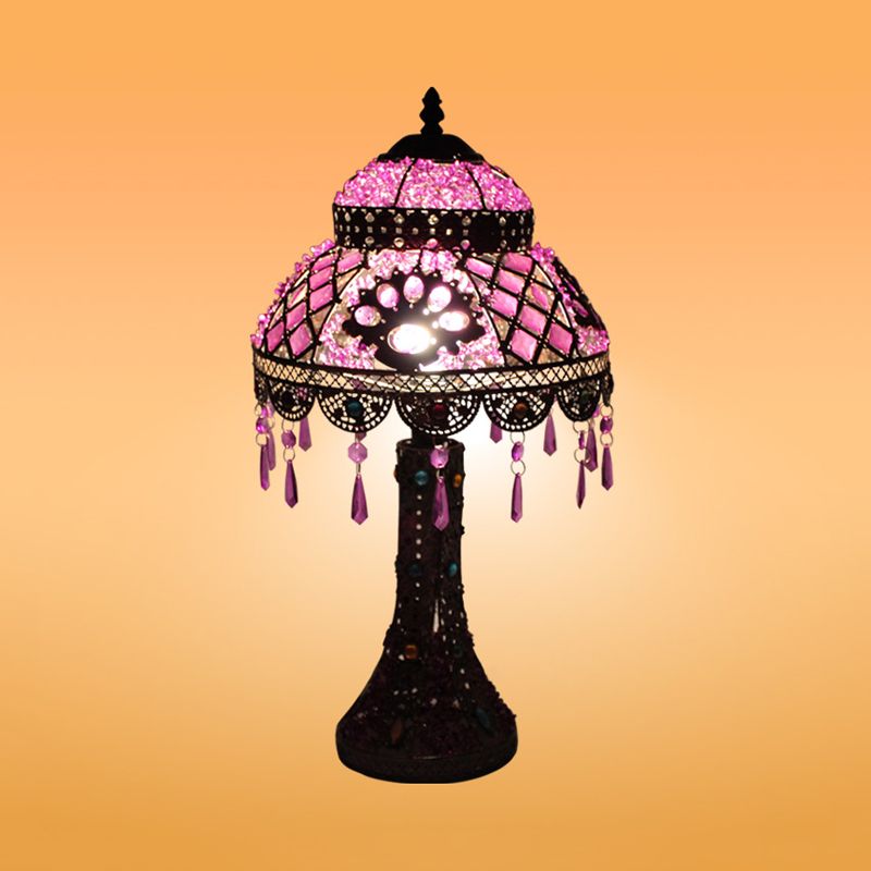 Dome Bedroom Night Table Lamp Decorative Metal 1 Light Purple Nightstand Lighting with Dangling Crystal