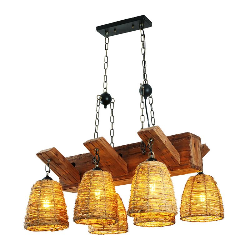 Rattan Wood Pendant Chandelier Bell Shade Industrial Hanging Light Fixture for Dining Room