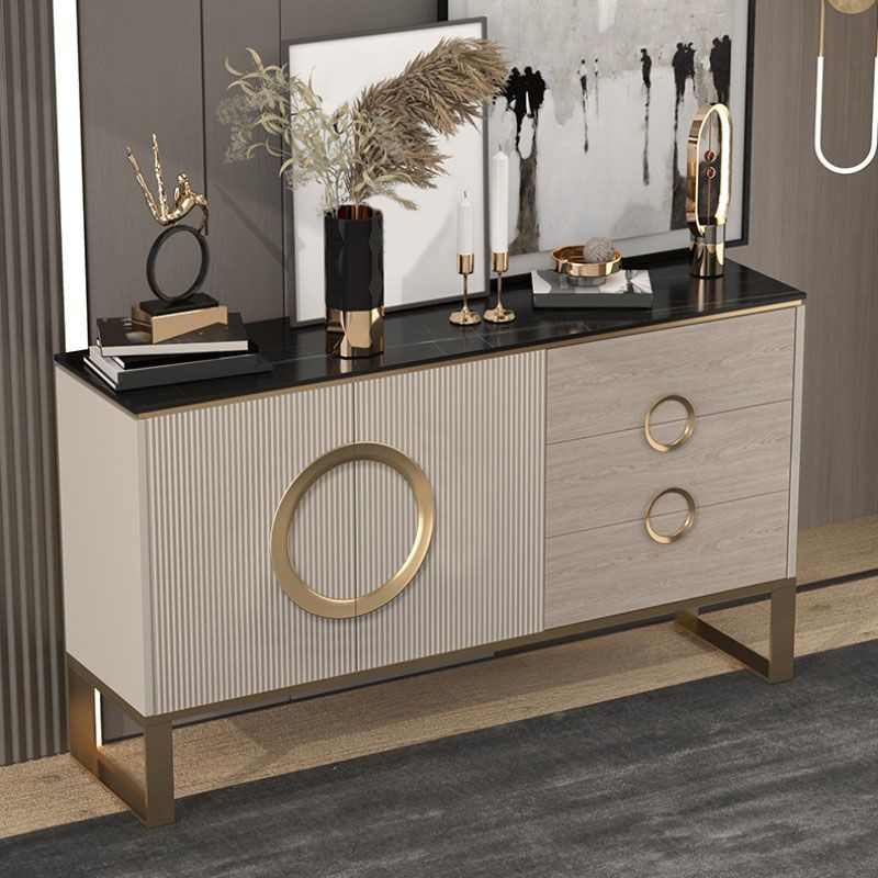 Glam Style Stone Buffet Stand Metal Cabinets Sideboard with 3-Drawer