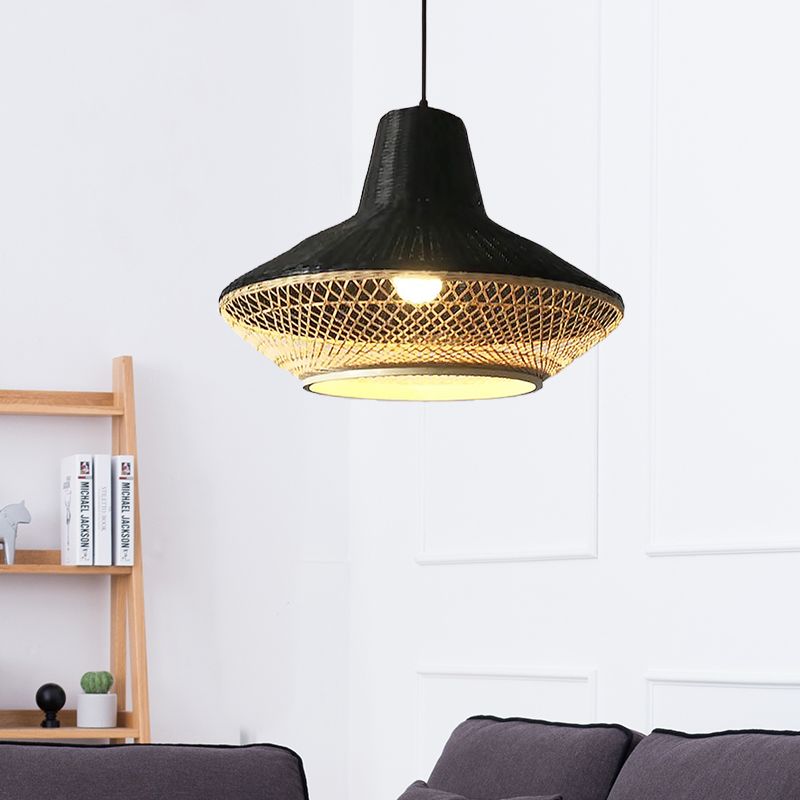 Asian 1-Light Hanging Lamp with Knitted Bamboo Black/Wood Curvy Pendant Light for Restaurant Tea House