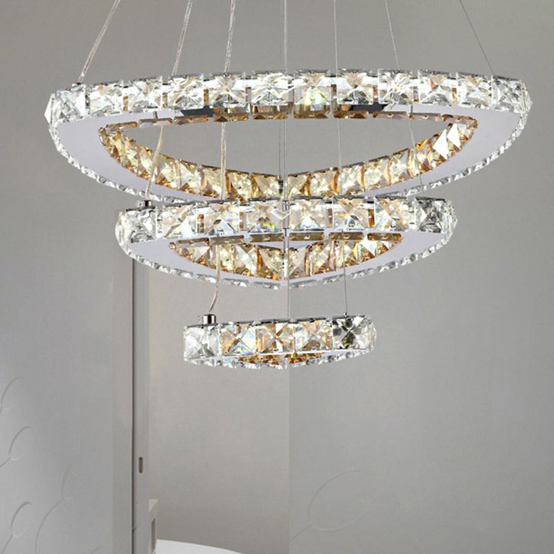 3-Tier LED Chandelier Light Fixture Contemporary Crystal Chrome Drop Pendant in Third Gear for Restaurant