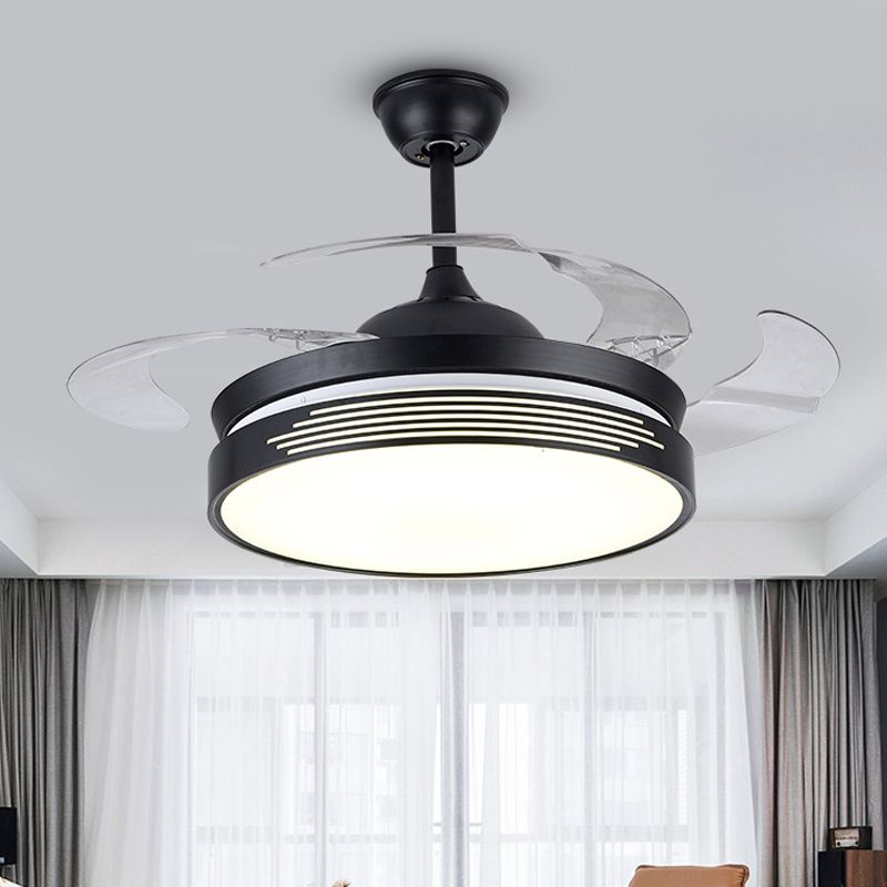 19" Wide Metal Round Semi Flush Ceiling Light Nordic LED Black Hanging Fan Lamp, 4 Blades