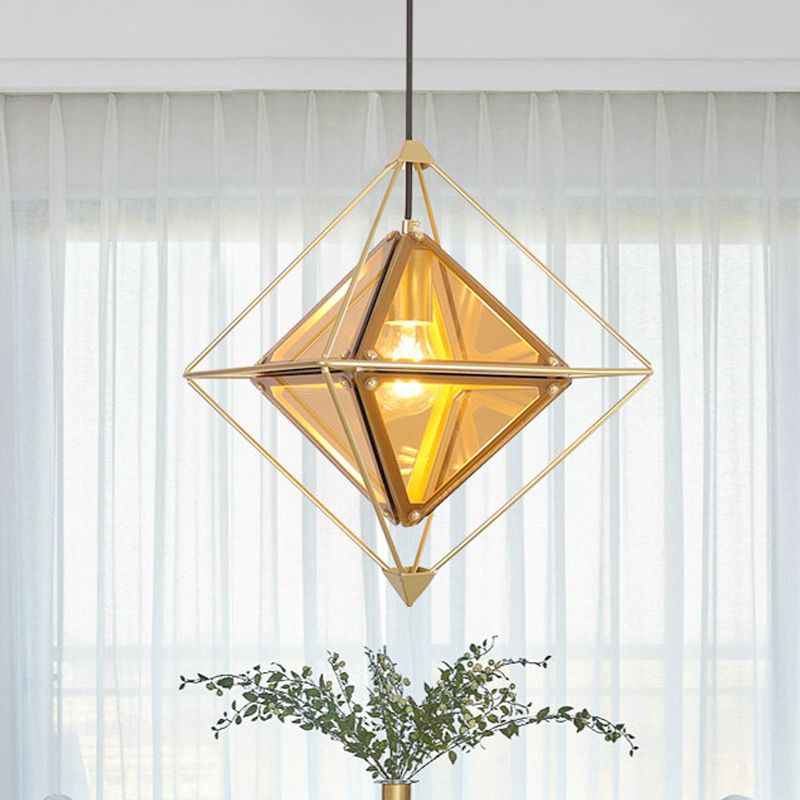 Black / Gold / Amber Verre 1-Light Drop pendentif Colonial Diamond Shape Plafond Lightture avec cadre de fer extérieur