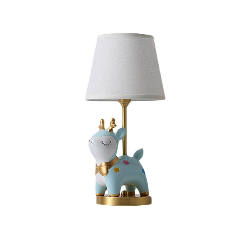 Sika Deer/Unicorn Bedside Table Lamp Resin Single Kids Night Light in Pink/Blue with Tapered Fabric Shade