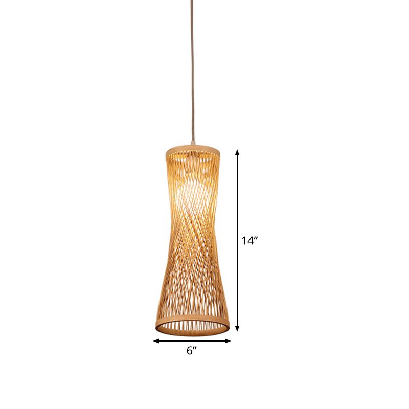 Wide Flare Ceiling Lamp Asian Bamboo 1 Bulb Beige Suspended Lighting Fixture, 6"/6.5" Wide