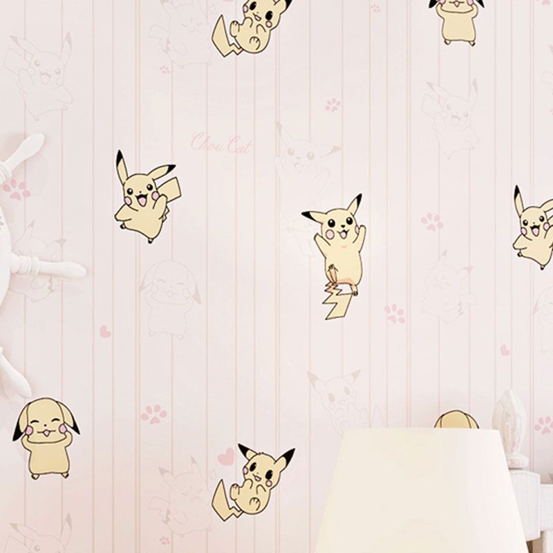 Non-Pasted Wallpaper Roll with Pastel Color Brick and Cartoon Animal Design for Kid, 20.5"W x 31'L