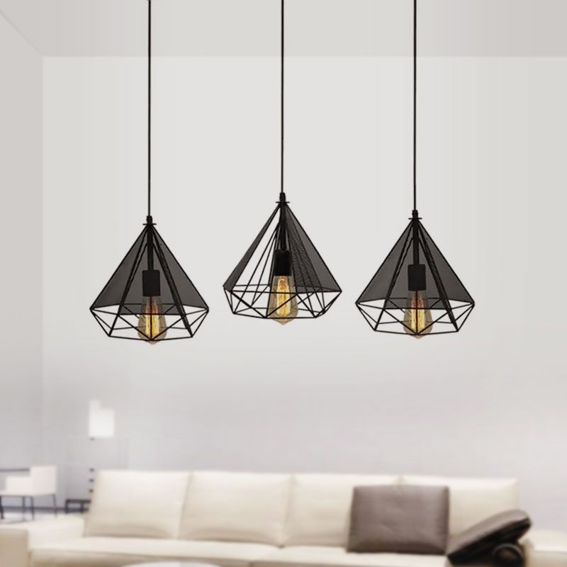 Cage diamante nera Light Hanging Style Retro Metallic 3 teste Sala da pranzo Illuminazione a sospensione con baldacchino rotondo/lineare