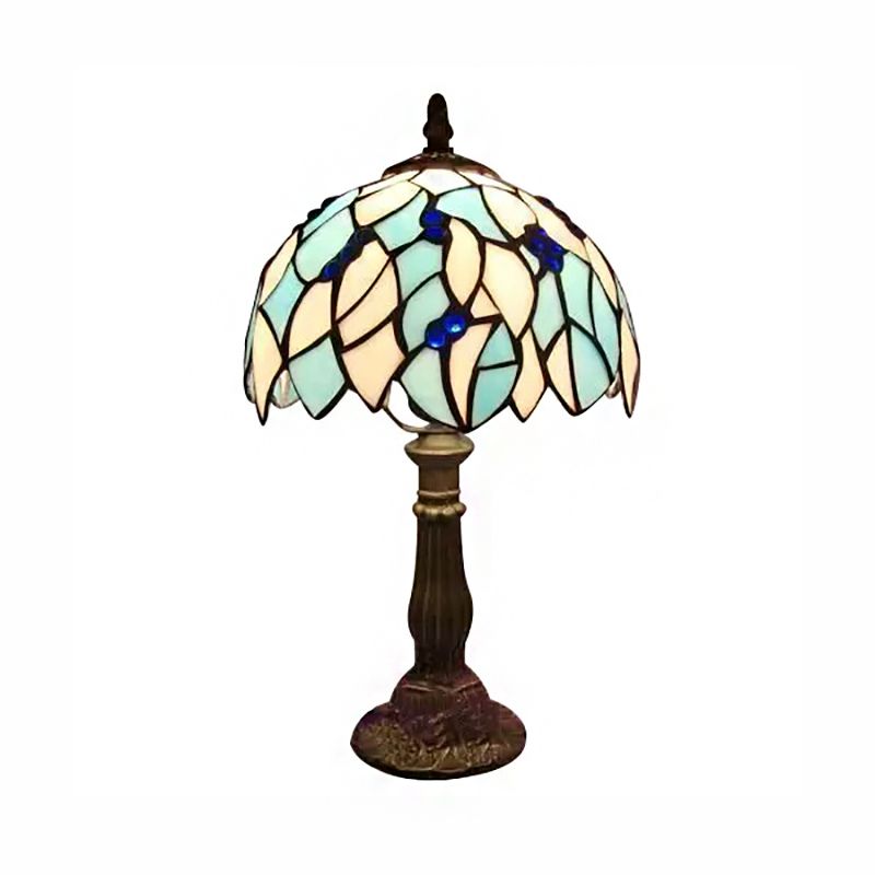 Blue Leaf Table Light with Dome Shade Stained Glass Tiffany 1 Blub Standing Table Light for Bedroom