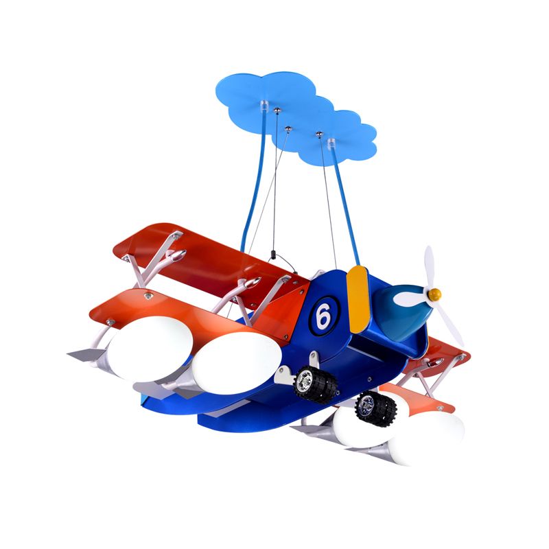 Blue and Red Biplane Chandelier Cartoon 4-Light Wooden Suspension Lighting with Oval Milk Glass Shade