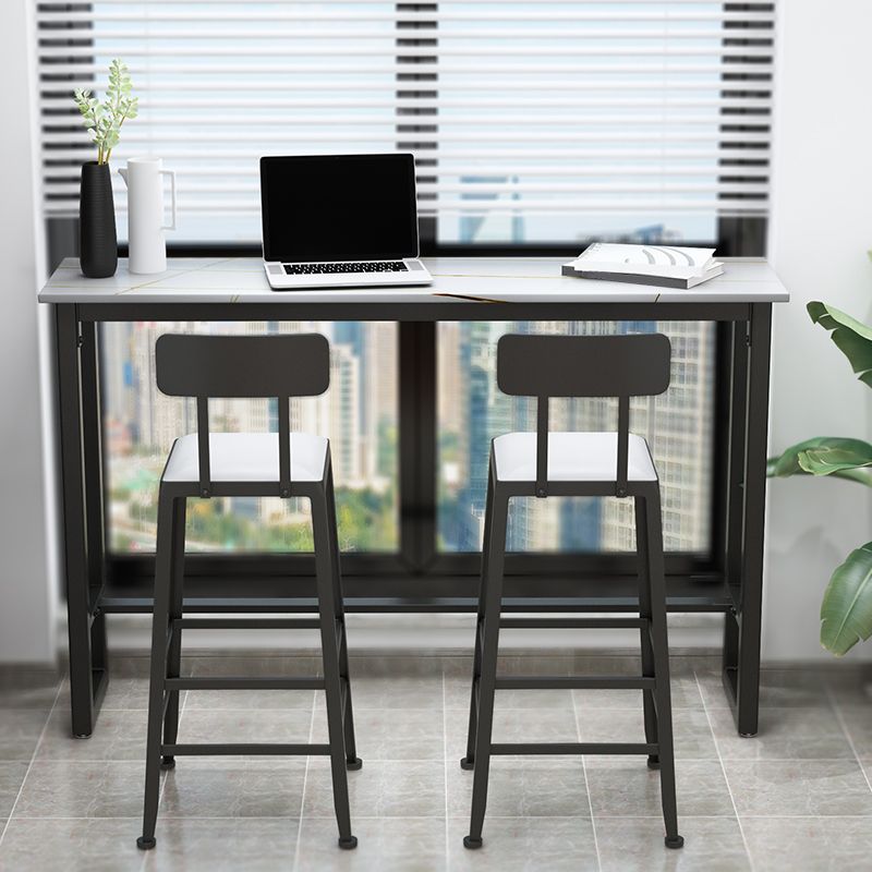 Modern Black Iron Bar Dining Table with White Stone Top Rectangle Indoor Bistro Table