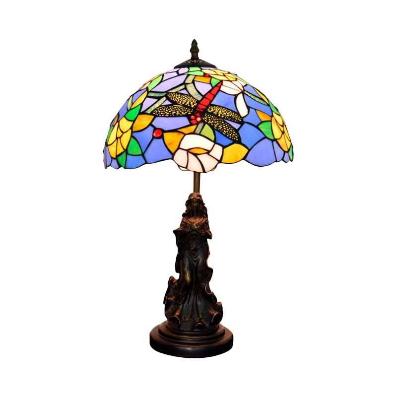 Mediterranean Dragonfly-Flower Table Lamp Single Blue/Yellow/Blue-White Night Stand Light with Angel Pedestal