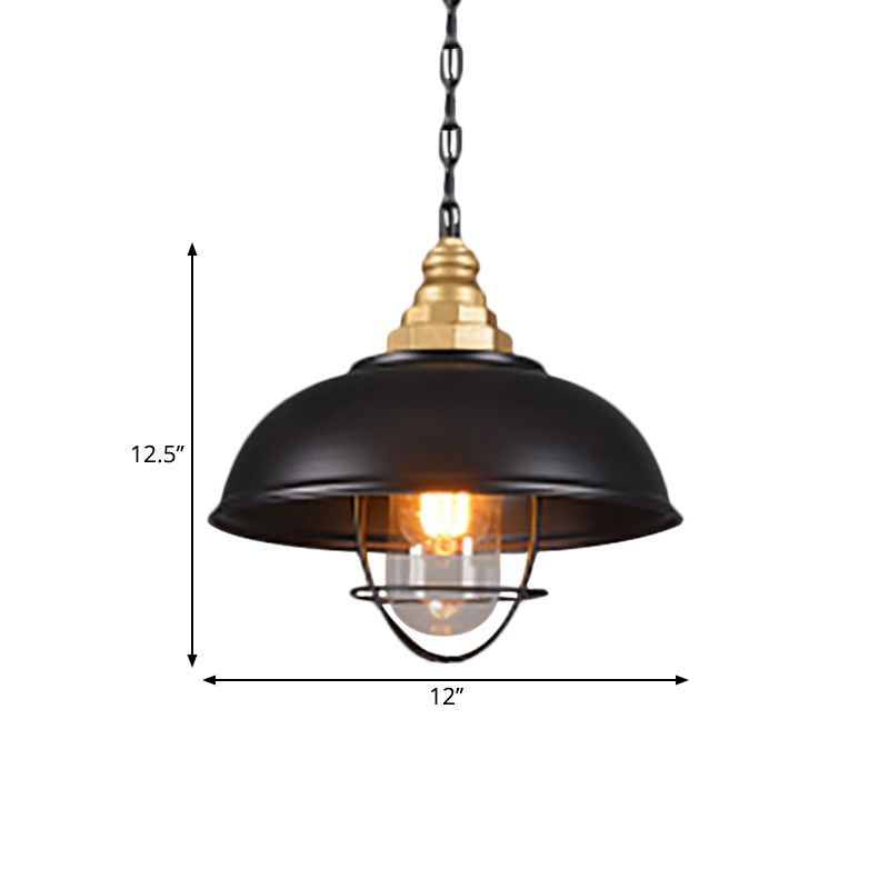 1 Light Bowl Suspension Lamp with Wire Cage Nautical Black Finish Metallic Ceiling Light for Restaurant