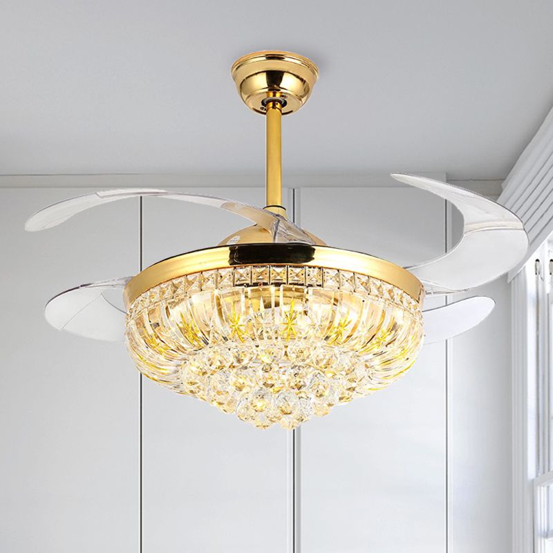 Cut Crystal Conical LED Ceiling Mount Fan Modern Stylish Golden Semi Flush Light with Remote Control/Wall Control/Frequency Conversion