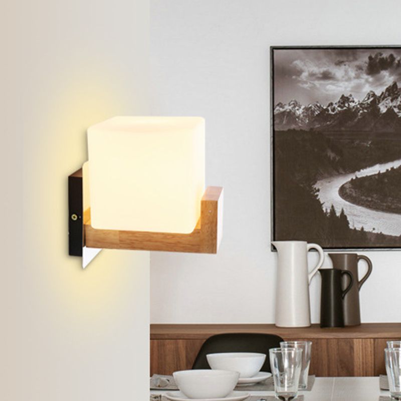 Contemporary 1 Head Sconce Light Wood Square Wall Mounted Lighting with White Glass Shade