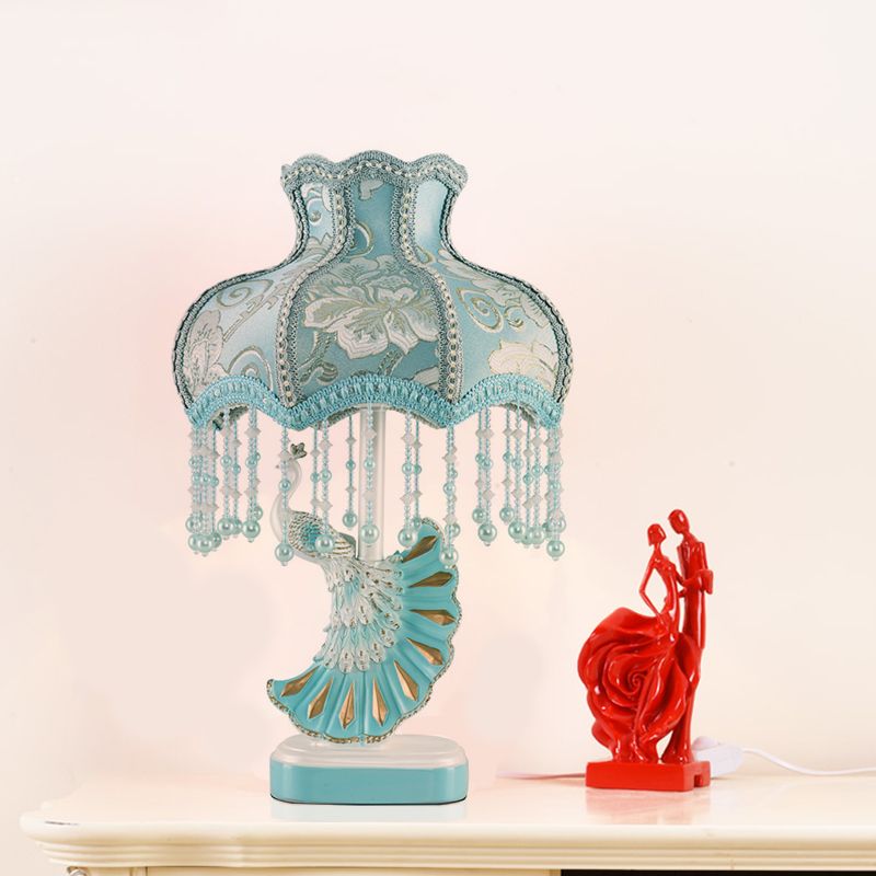 Fabric Dome Table Lamp Nordic 1-Bulb Pink/Blue Reading Book Light with Fringe and Peacock Deco