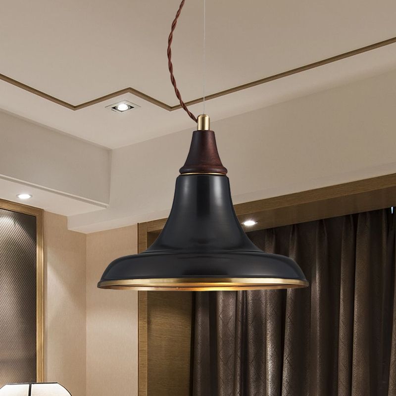 1 Head Metallic Suspension Light Farmhouse Black Finish Flare Restaurant Pendant Lamp