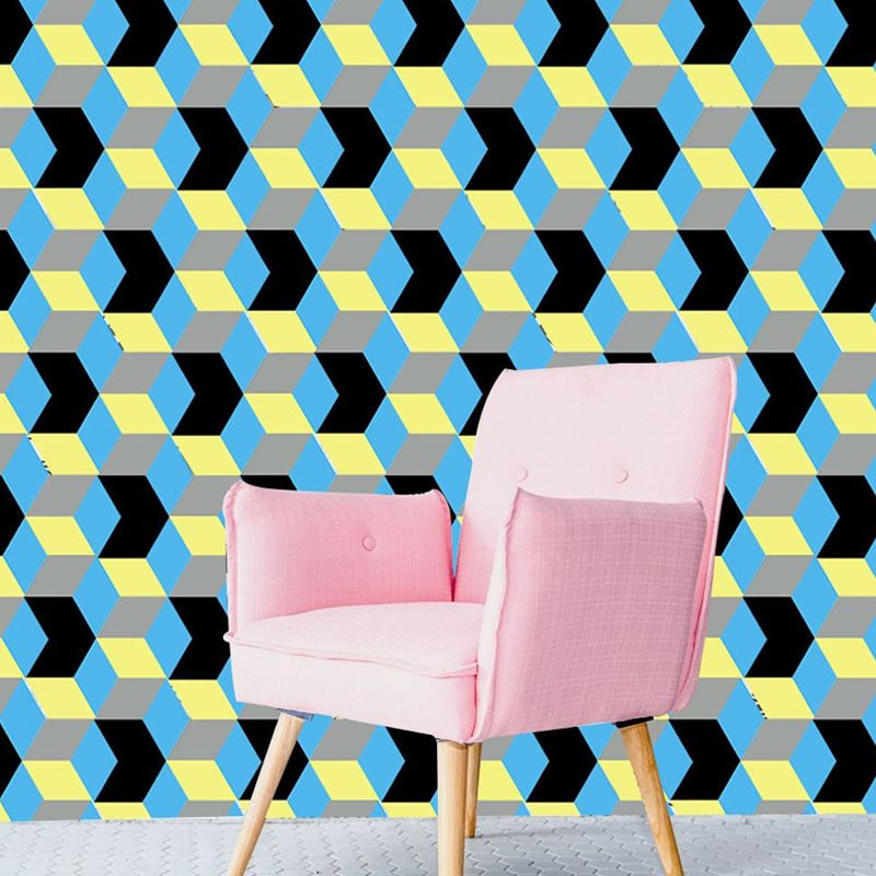 Faux 3D Cube Geometric Wallpapers Contemporary PVC Adhesive Wall Art in Yellow-Blue