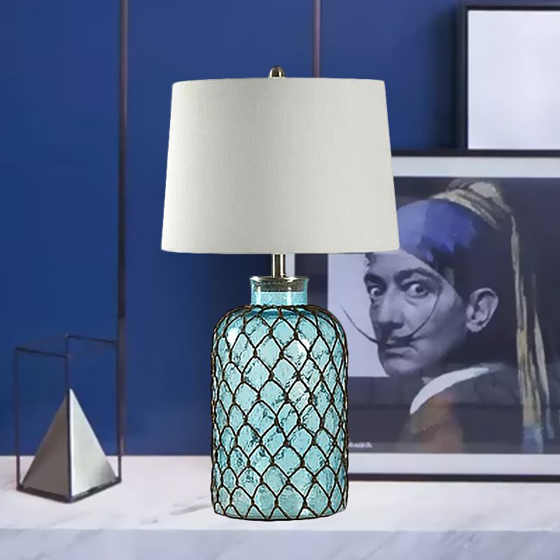 Jar Blue Glass Table Stand Lamp Vintage Single Living Room Night Light with Trellis Net and White Shade