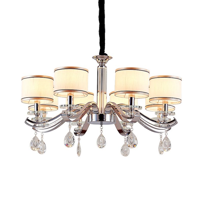 Chrome Finish 8 Bulbs Chandelier Lighting Modernism Metallic Curved Arm Pendant with Small Drum Fabric Shade