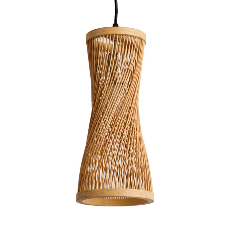 Bamboo Cylinder Hanging Lamp Chic Modern Hanging Pendant Fixture in Beige for Dining Room