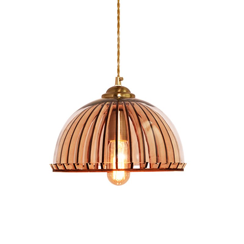 Capsule/Dome Dining Room Hanging Lamp Industrial Amber Glass Single Bulb Gold Suspension Light with Stranded Rope