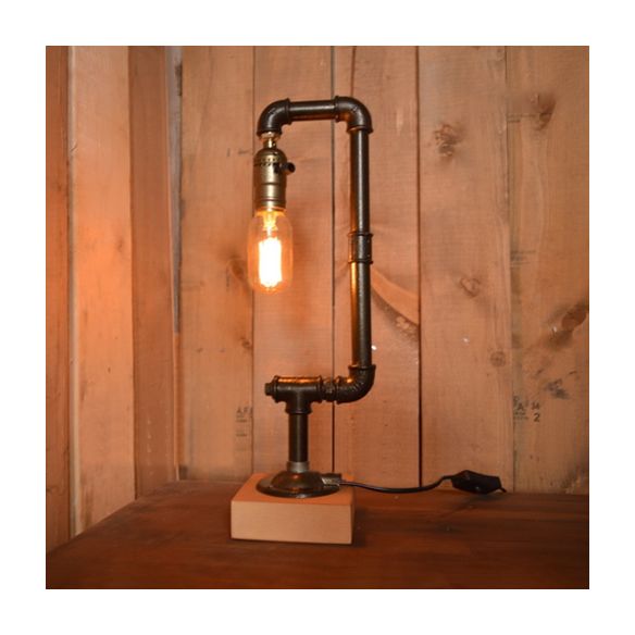 Wrought Iron Black Table Lighting Water Pipe 1 Bulb Industrial Stylish Table Lamp with Wooden Base