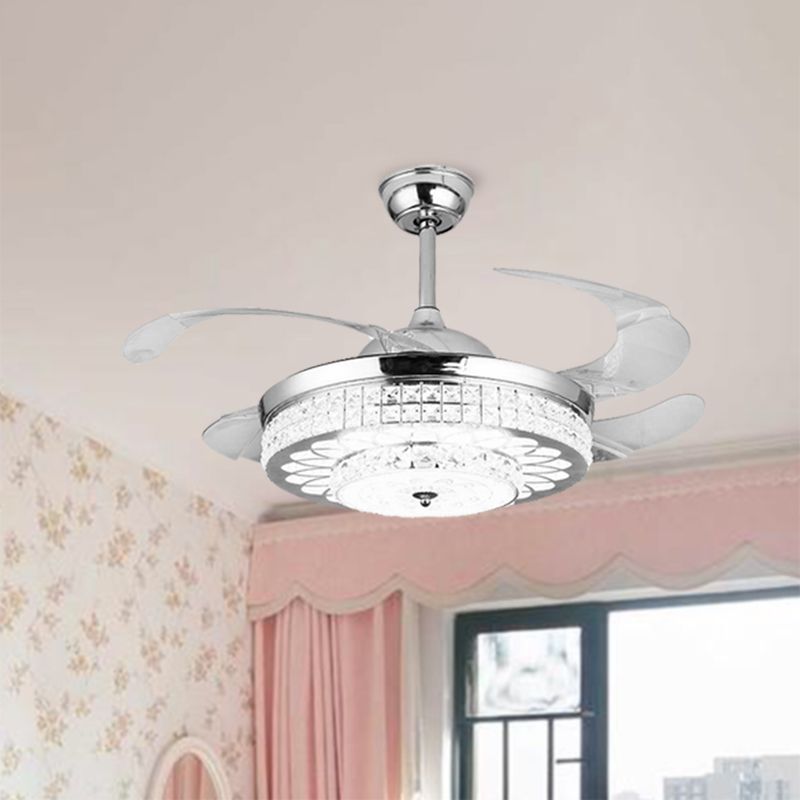 Silver/Gold 2-Tier LED Downrod Ceiling Fan Modernist 4-Blade Faceted Crystal Hanging Lamp with Wall Control/Remote Control/Frequency Conversion