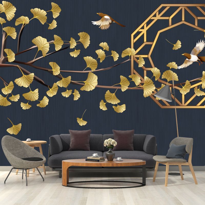 Illustration Ginkgo and Bird Mural Wallpaper for Restaurant Decoration, Dark Blue