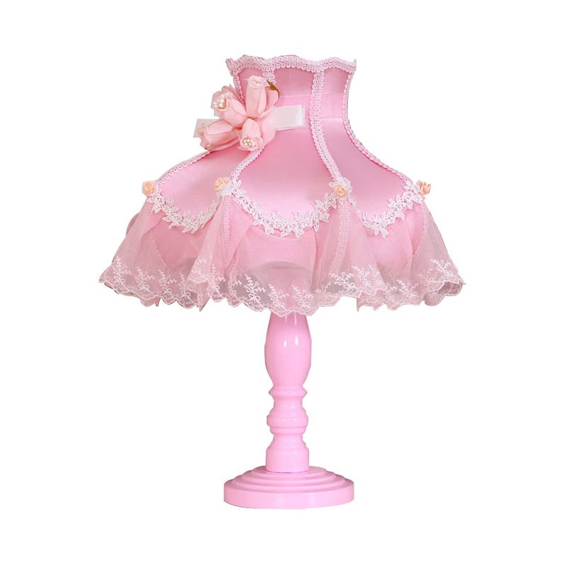 Kids Lace Edge Table Lighting Fabric 1-Light Girls Bedroom Nightstand Lamp in Pink with Rose Decor