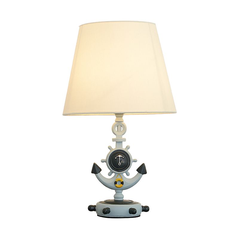 Black/Blue Anchor Base Desk Lamp Kids 1 Head Resin Task Lighting with Tapered White Fabric Shade