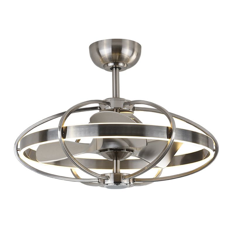 Cage Flush Mount Fan Light Modern Style Metal 3 Blades Nickel Finish LED Semi Flush Ceiling Light Fixture, 27.5" Width