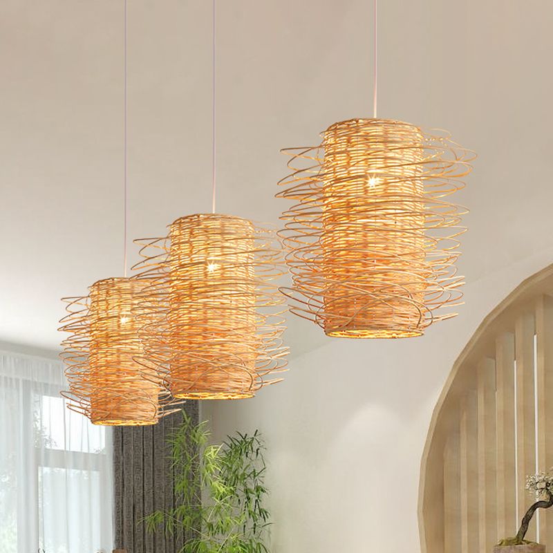 Illuminazione cilindrica giapponese lampada a sospensione del soffitto rattan 1 testa in beige