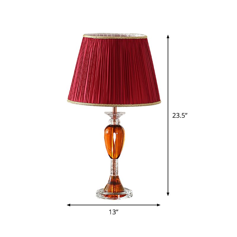 Red Urn Base Night Table Lighting Modernist 1-Head Clear Crystal Reading Lamp with Cone Fabric Shade