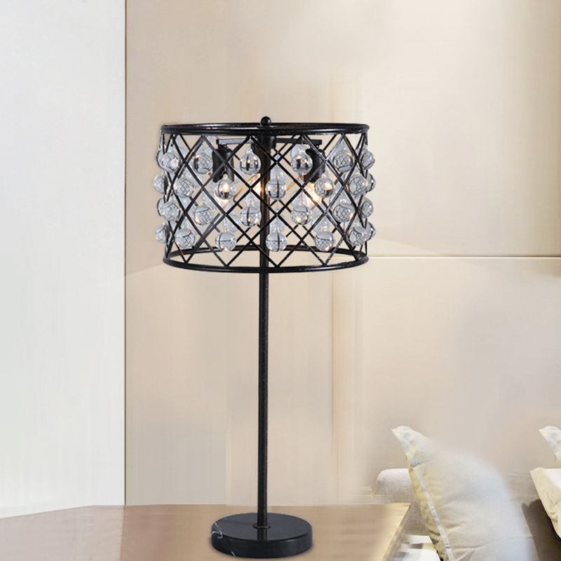 Modernist Grid Nightstand Light with Drum Design Crystal Drip 3 Lights Bedside Table Lamp in Black