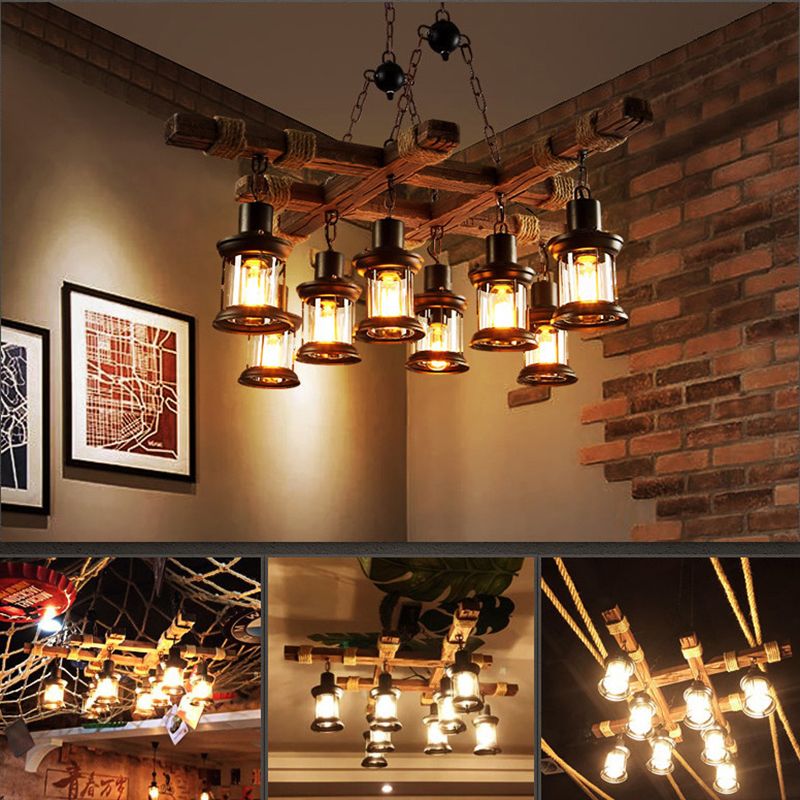 8 Light Chandelier Pendant Light Lodge Wood and Iron Rope Pendant Hanging Lights in Black for Restaurant