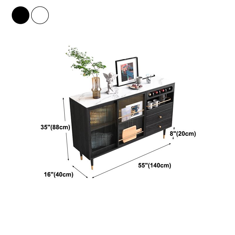 2-Drawer Engineered Wood Sideboard Glam Glass Sliding Doors Credenza with Stone Countertop