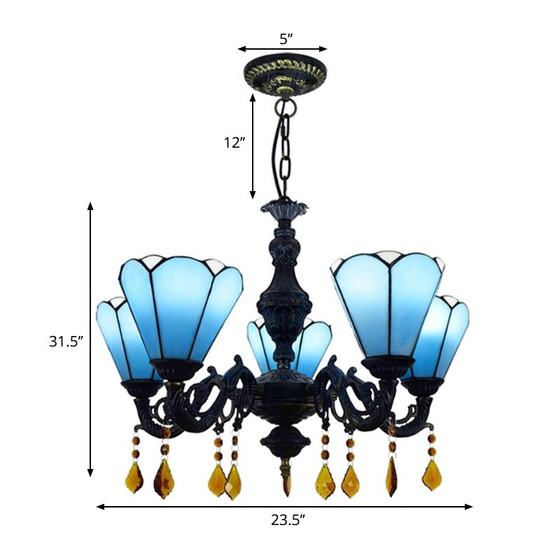 Tiffany Style Cone-Shaped Hanging Light Stained Glass 5 Lights Decorative Crystal Chandelier in Blue