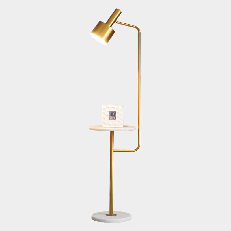 Metallic Flashlight Shaped Stand Up Lamp Post-Modern Single Bedside Floor Lighting with Tray and Marble Base