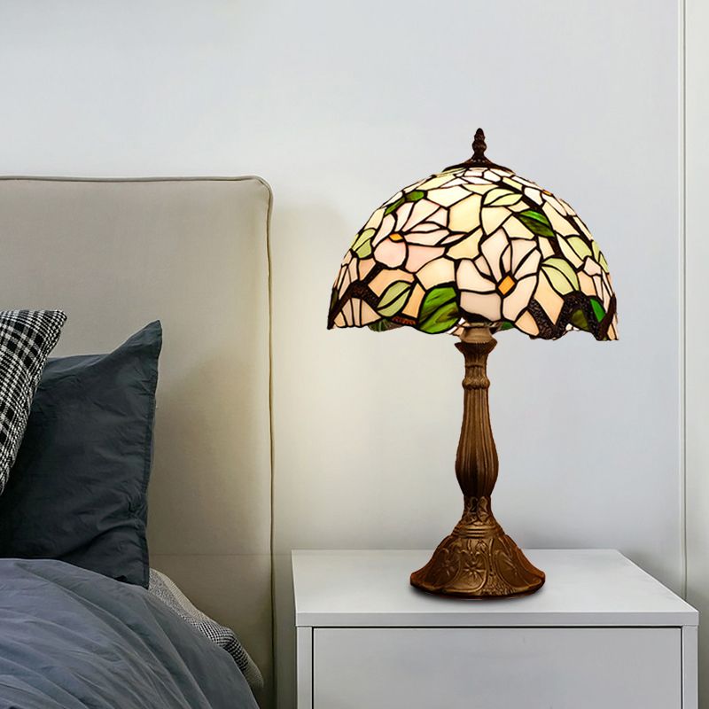 Domed Nightstand Light 1-Bulb Stained Art Glass Baroque Blossom Patterned Night Lighting in Red/Beige/Green