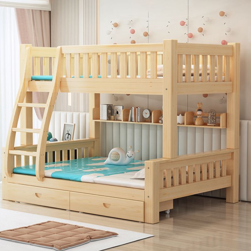 Scandinavian Bunk Bed Natural Solid Wood Kids Bed with Guardrail