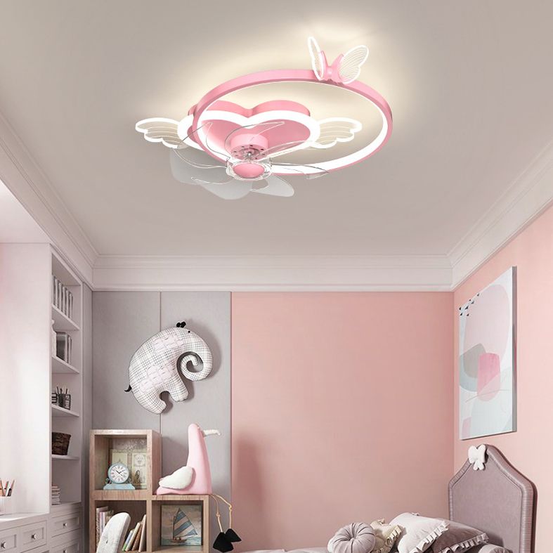 Remote Control Heart Shaped Acrylic Fan Lamp Cartoon LED Semi Flush Ceiling Light for Kids Room