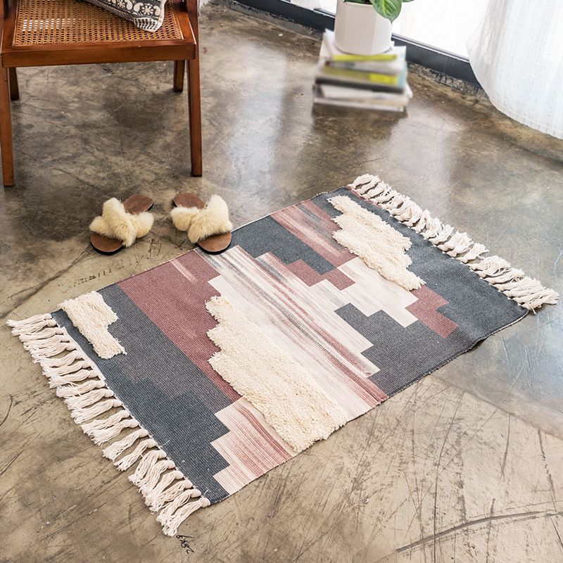 Bohemian Indoor Rug Funky Washable Rug Cotton Blend Area Carpet with Fringe