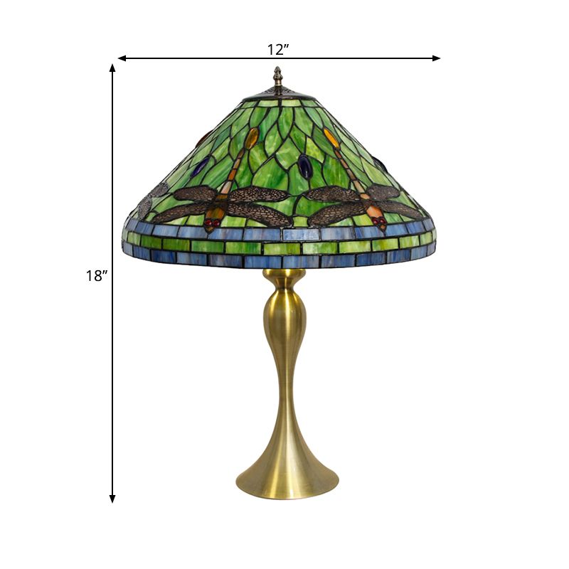 Conic Empire Table Lamp 1 Bulb Handcrafted Art Glass Antique Nightstand Light with Dragonfly Pattern in Brass