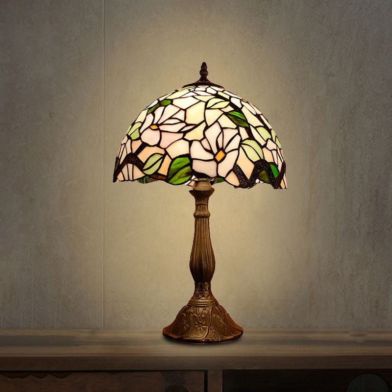 Domed Nightstand Light 1-Bulb Stained Art Glass Baroque Blossom Patterned Night Lighting in Red/Beige/Green