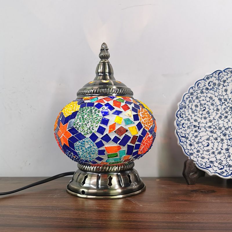 Globe Stained Glass Nightstand Light Moroccan 1 Light Bedroom Table Lamp in Bronze