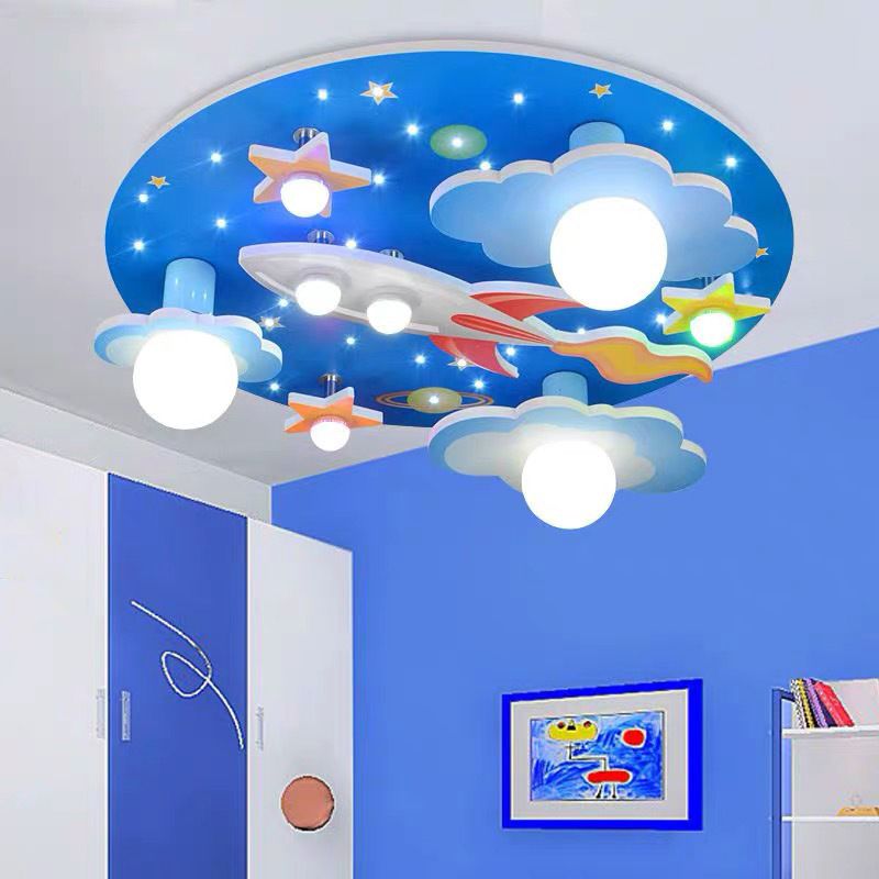 Wooden Rocket and Star Flush Mount Childrens 8 Bulbs Blue Flushmount Ceiling Light