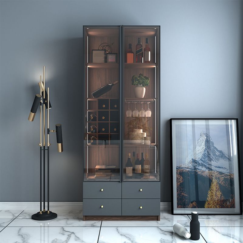 Scandinavian Faux Wood Storage Cabinet Black Glass Doors Display Cabinet for Bedroom