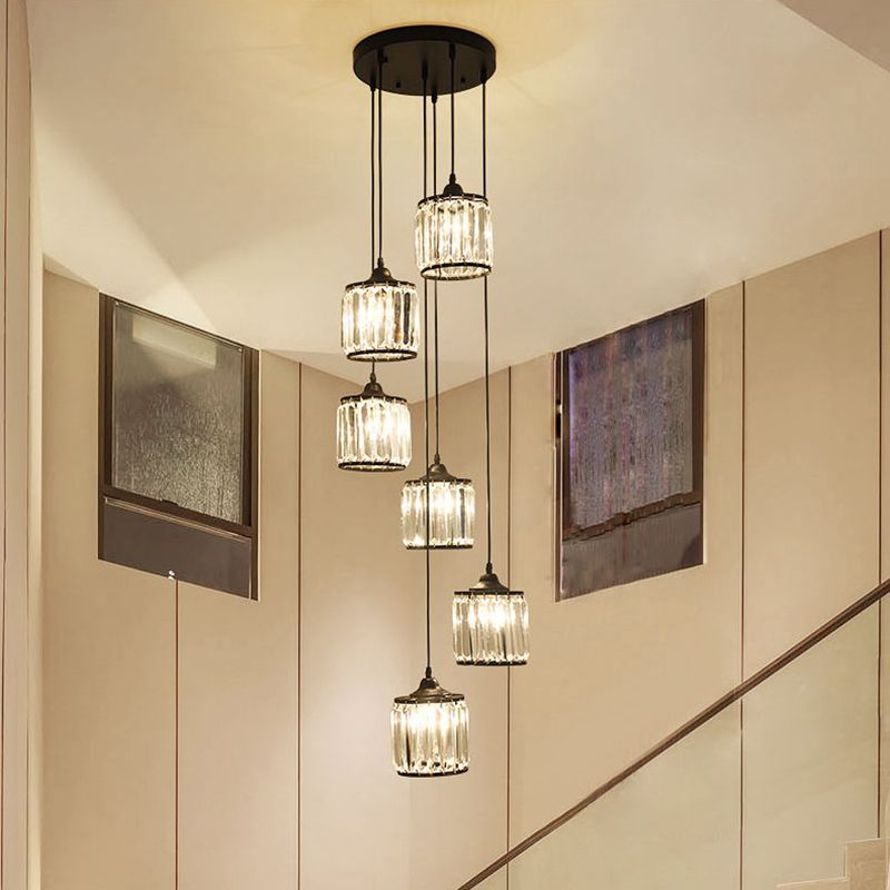 Crystal Black Pendant Light in Modern Luxury Style Iron Cylindroid Hanging Lamp for Interior Spaces