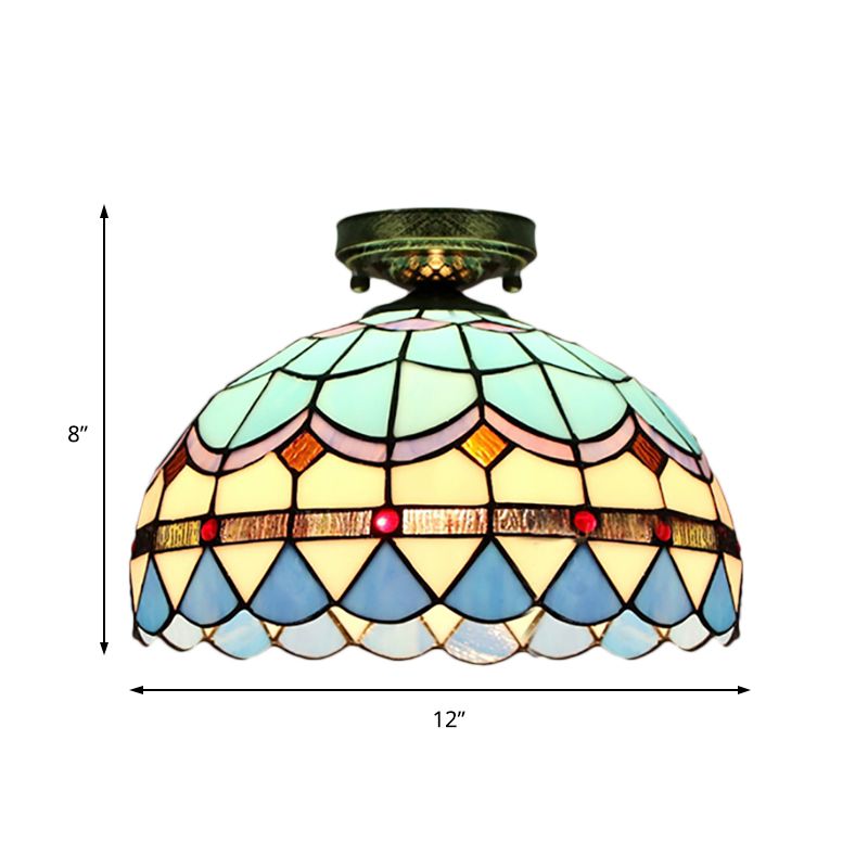 Schüssel Schüssel Flush Lighting mit Barock/Edelstein/quadratisch/blau quadratisch/gelbe Quadratmuster Tiffany -Stil Buntglas 1 Lampe Spülendedecke