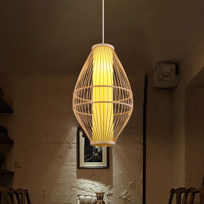 Beige Hand-Woven Hanging Light with Oval Shade Asian Style 1-Light Bamboo Pendant Lamp